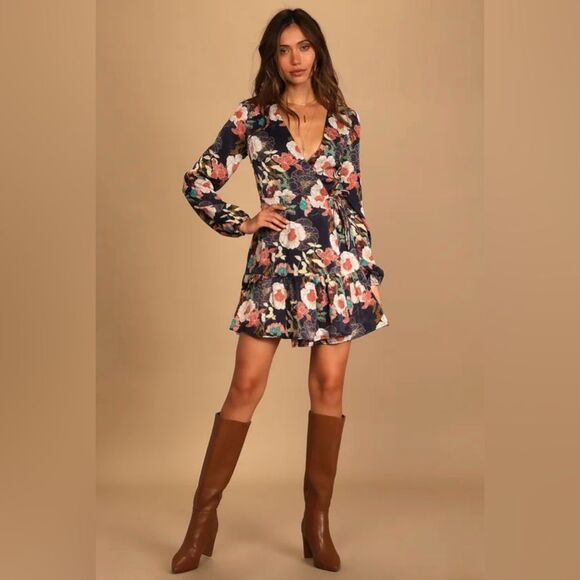 Lulu's Dresses & Skirts - NWT Lulus Floral Wrap Dress Navy Satin Long Sleeve Mini Dress
